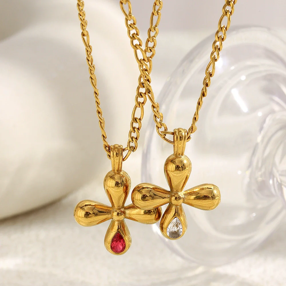 Wholesale Light Luxury Geometric Stainless Steel 18K Gold Plated Cross Red Zirconium Pendant Necklace For Women - Image 3