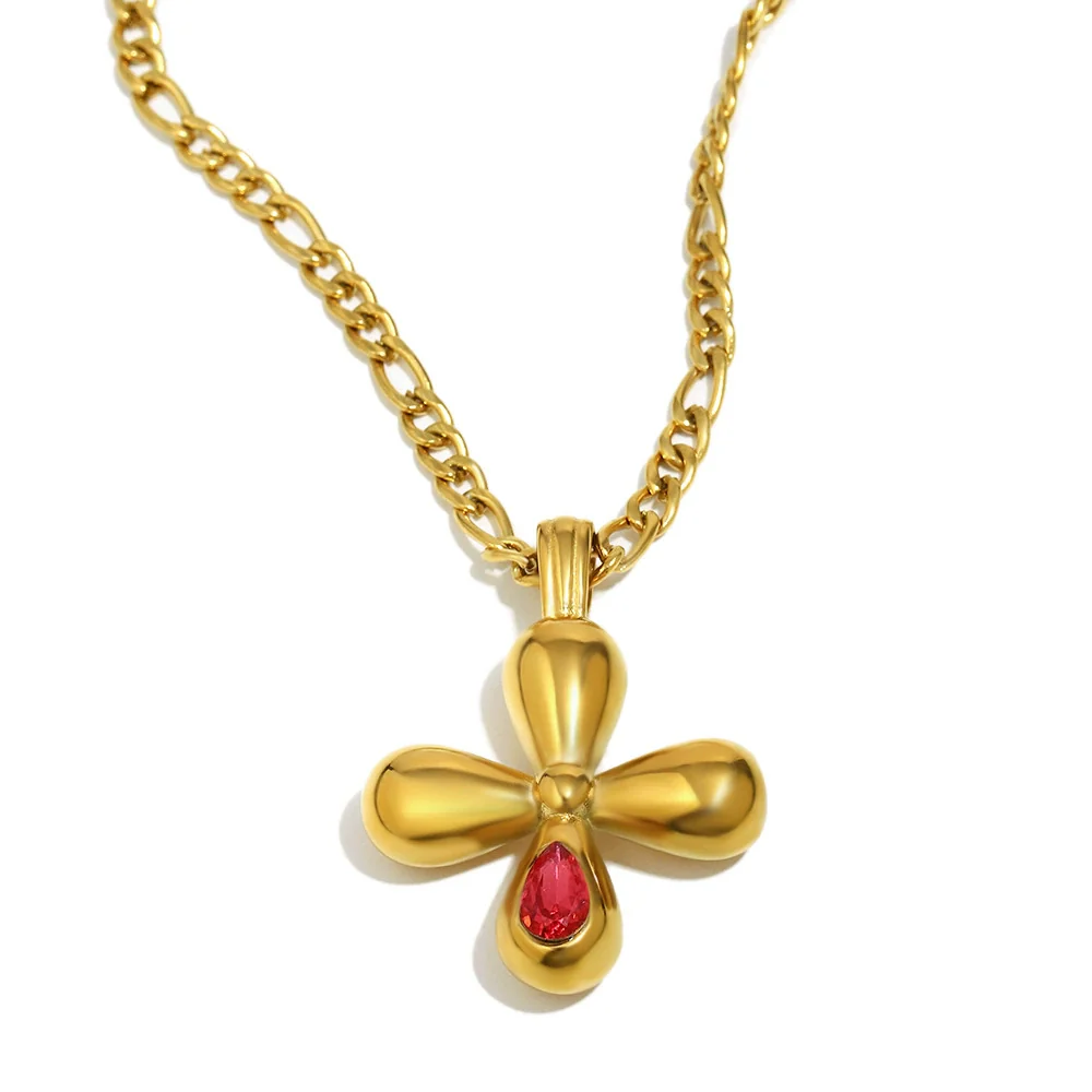Wholesale Light Luxury Geometric Stainless Steel 18K Gold Plated Cross Red Zirconium Pendant Necklace For Women - Image 5