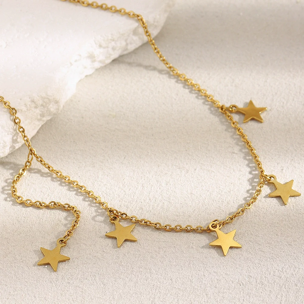 Wholesale Light Luxury Geometric Stainless Steel Electroplated 18K Gold Fivepointed Star Tassel Necklace For Women