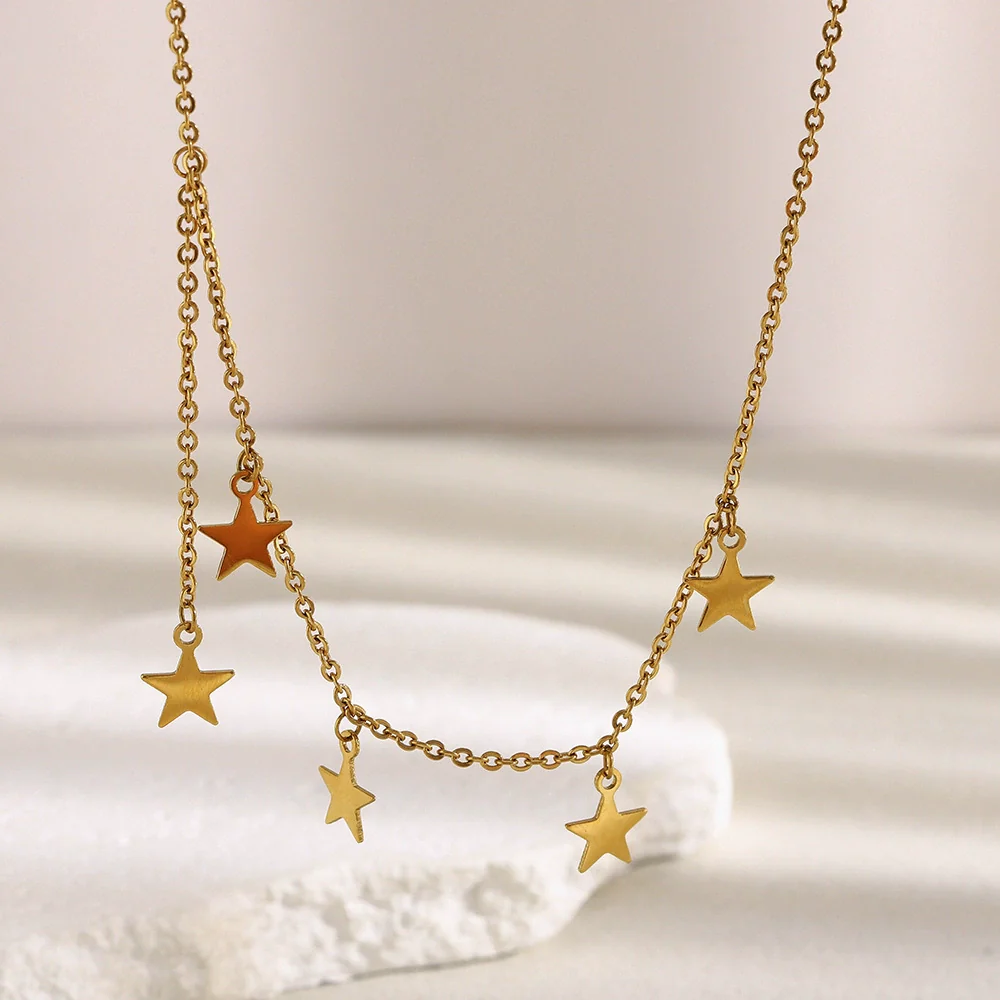 Wholesale Light Luxury Geometric Stainless Steel Electroplated 18K Gold Fivepointed Star Tassel Necklace For Women - Image 3