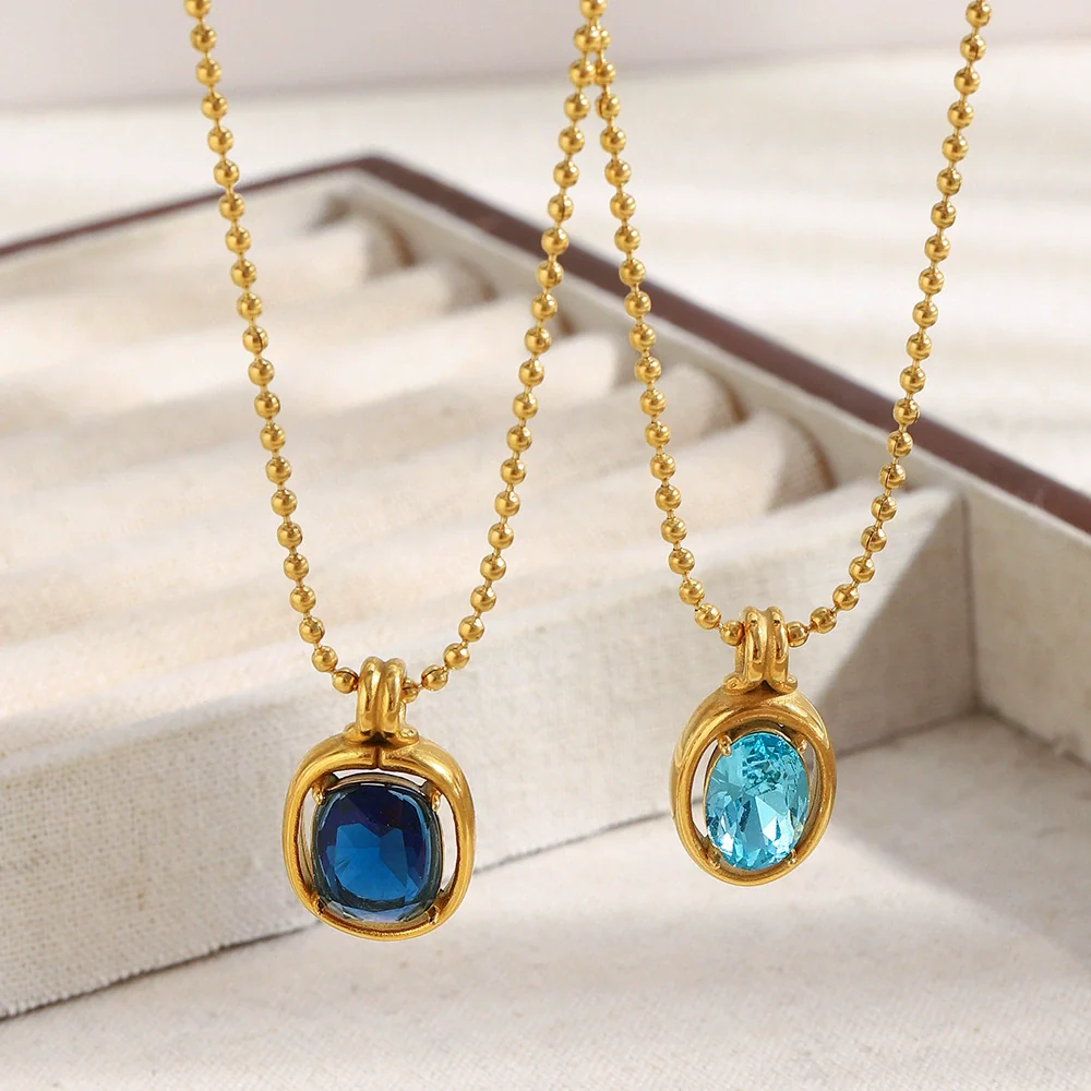 Wholesale Light Luxury Geometric Stainless Steel Electroplated 18K Gold Mirror Blue Zirconium Bead Chain Necklace For Women