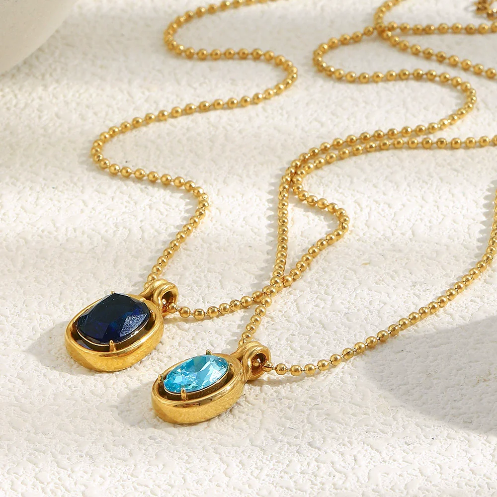 Wholesale Light Luxury Geometric Stainless Steel Electroplated 18K Gold Mirror Blue Zirconium Bead Chain Necklace For Women - Image 4