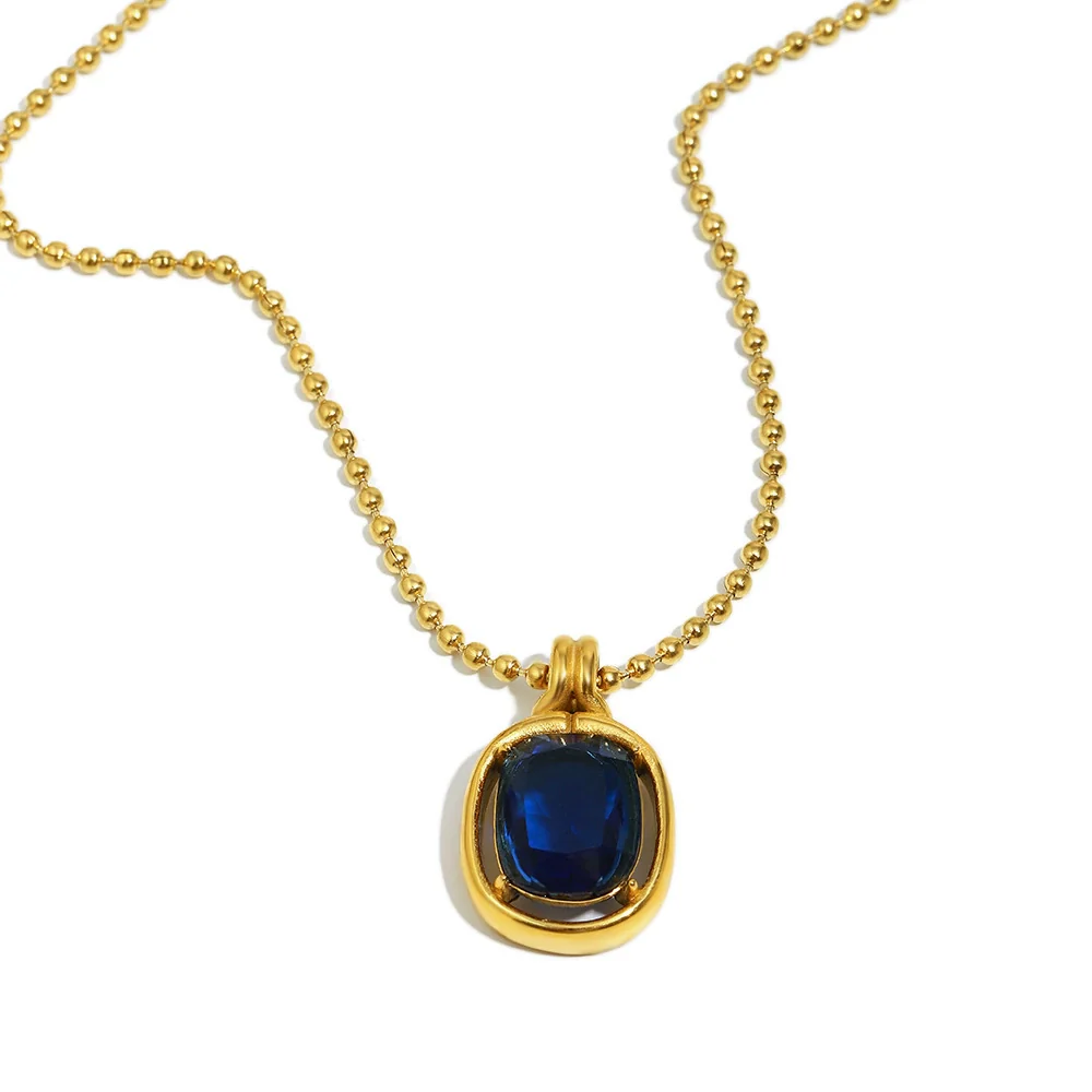 Wholesale Light Luxury Geometric Stainless Steel Electroplated 18K Gold Mirror Blue Zirconium Bead Chain Necklace For Women - Image 5