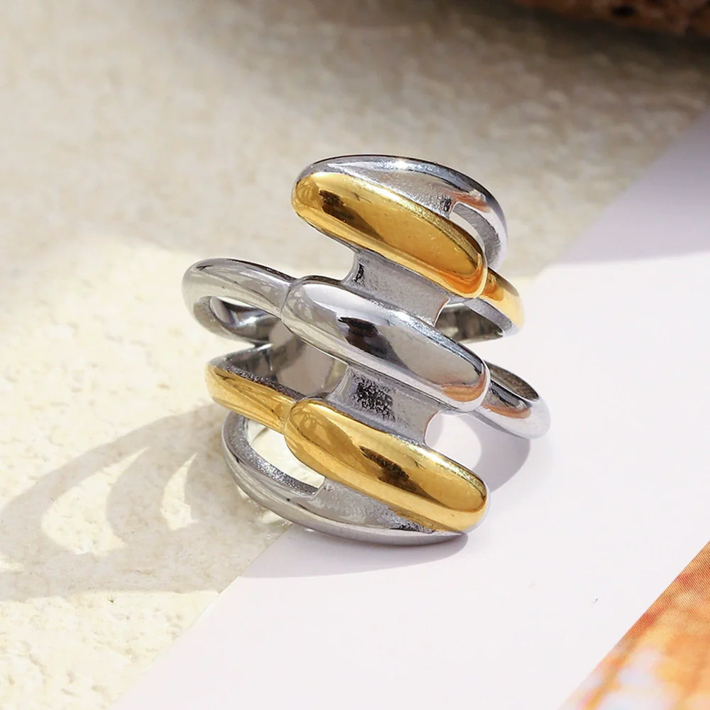 Wholesale Light Luxury Geometric Stainless Steel Electroplated 18K Gold Multilayer Ring For Women