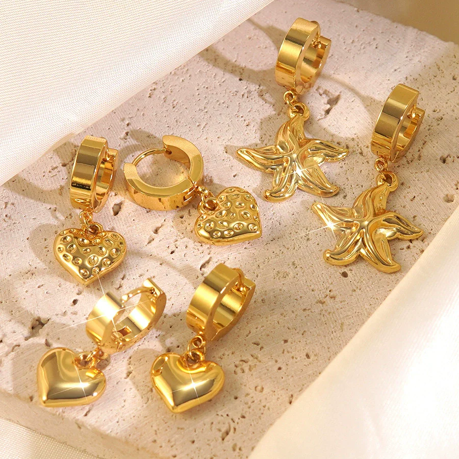 Wholesale Light Luxury Geometric Stainless Steel Electroplated Heart And Star Shape Earrings For Women