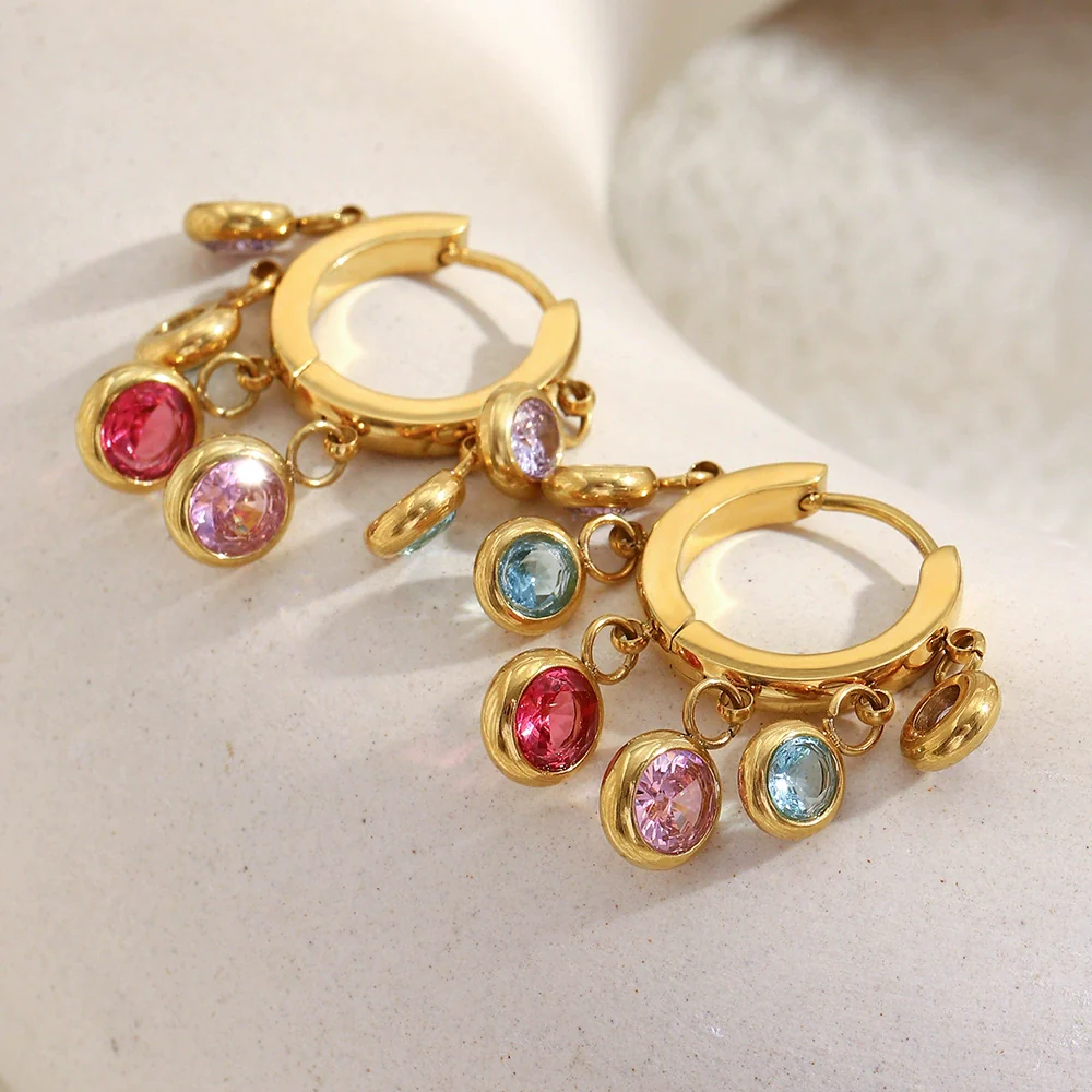 Wholesale Light Luxury Geometric Stainless Steel Electroplated Tassel Color Diamond Earrings For Women - Image 3