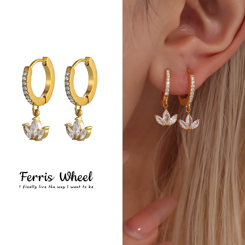 Wholesale Light Luxury Geometric Stainless Steel Ferris Wheel Clover Zircon Earrings For Women With Pvd Plated 18K Gold Color Retention