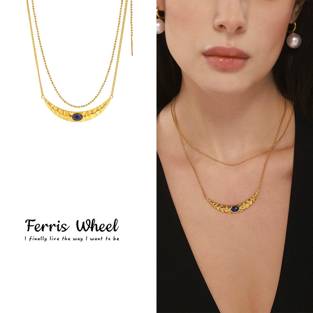 Wholesale Light Luxury Geometric Titanium Steel And Lapis Lazuli Ferris Wheel Crescentshaped Doublelayer Necklace With Electroplated Texturised Bead Earrings For Women