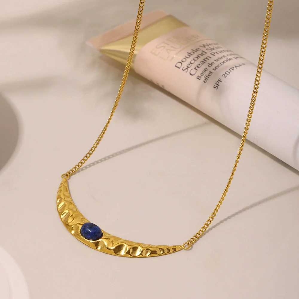 Wholesale Light Luxury Geometric Titanium Steel And Lapis Lazuli Ferris Wheel Crescentshaped Doublelayer Necklace With Electroplated Texturised Bead Earrings For Women - Image 2