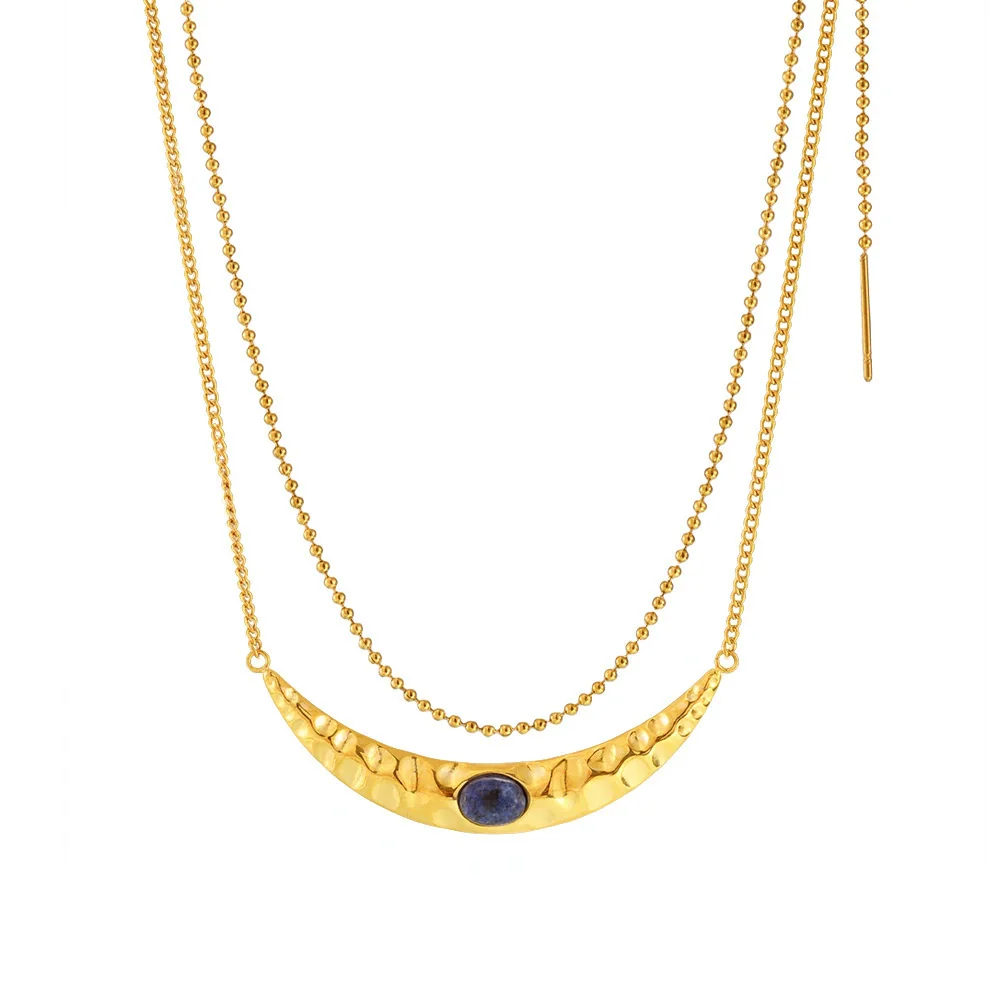 Wholesale Light Luxury Geometric Titanium Steel And Lapis Lazuli Ferris Wheel Crescentshaped Doublelayer Necklace With Electroplated Texturised Bead Earrings For Women - Image 5