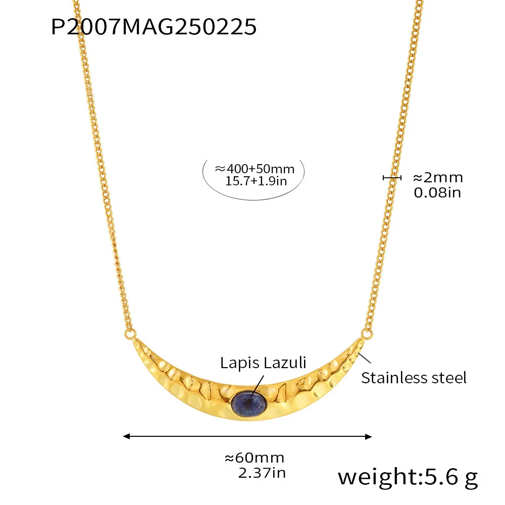 Wholesale Light Luxury Geometric Titanium Steel And Lapis Lazuli Ferris Wheel Crescentshaped Doublelayer Necklace With Electroplated Texturised Bead Earrings For Women - Image 8