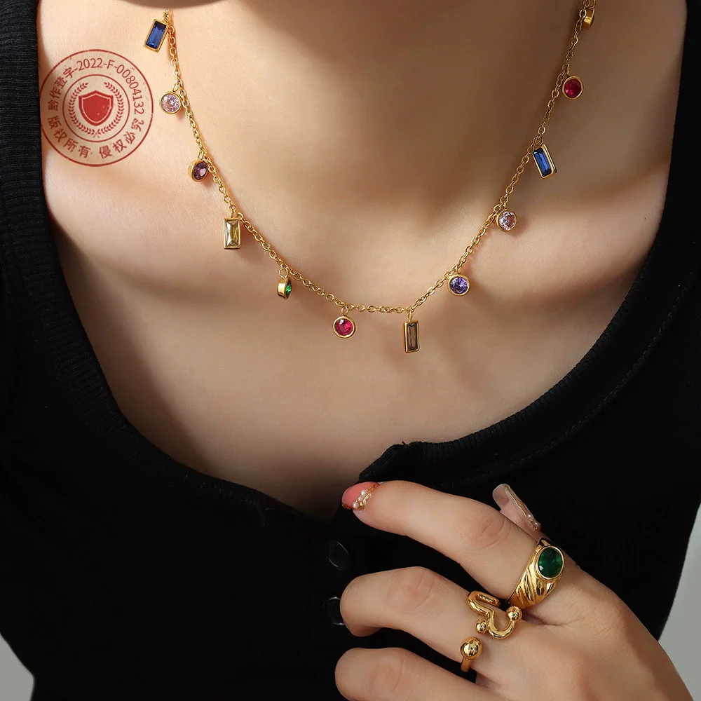 Wholesale Light Luxury Ins Style Multicolor Zircon Jewelry Set Tassel Necklace And Niche Design Electroplated Titanium Steel Bracelet For Women - Image 2
