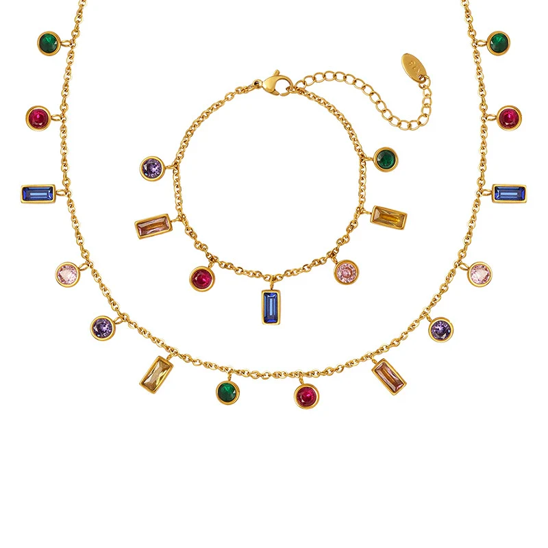 Wholesale Light Luxury Ins Style Multicolor Zircon Jewelry Set Tassel Necklace And Niche Design Electroplated Titanium Steel Bracelet For Women - Image 4