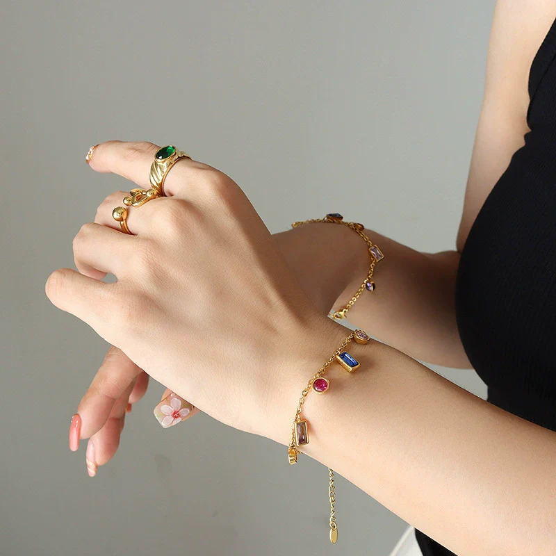 Wholesale Light Luxury Ins Style Multicolor Zircon Jewelry Set Tassel Necklace And Niche Design Electroplated Titanium Steel Bracelet For Women - Image 5