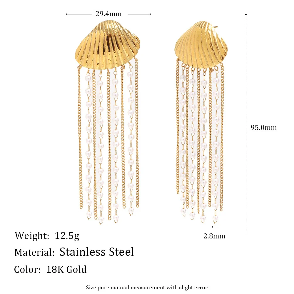 Wholesale Light Luxury Minimalist Geometric Stainless Steel Electroplated 18K Gold Imitation Pearl Chain Tassel Shell Women's Earrings