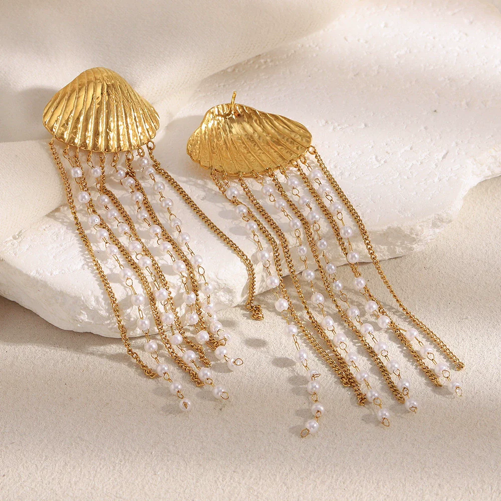 Wholesale Light Luxury Minimalist Geometric Stainless Steel Electroplated 18K Gold Imitation Pearl Chain Tassel Shell Women's Earrings - Image 3