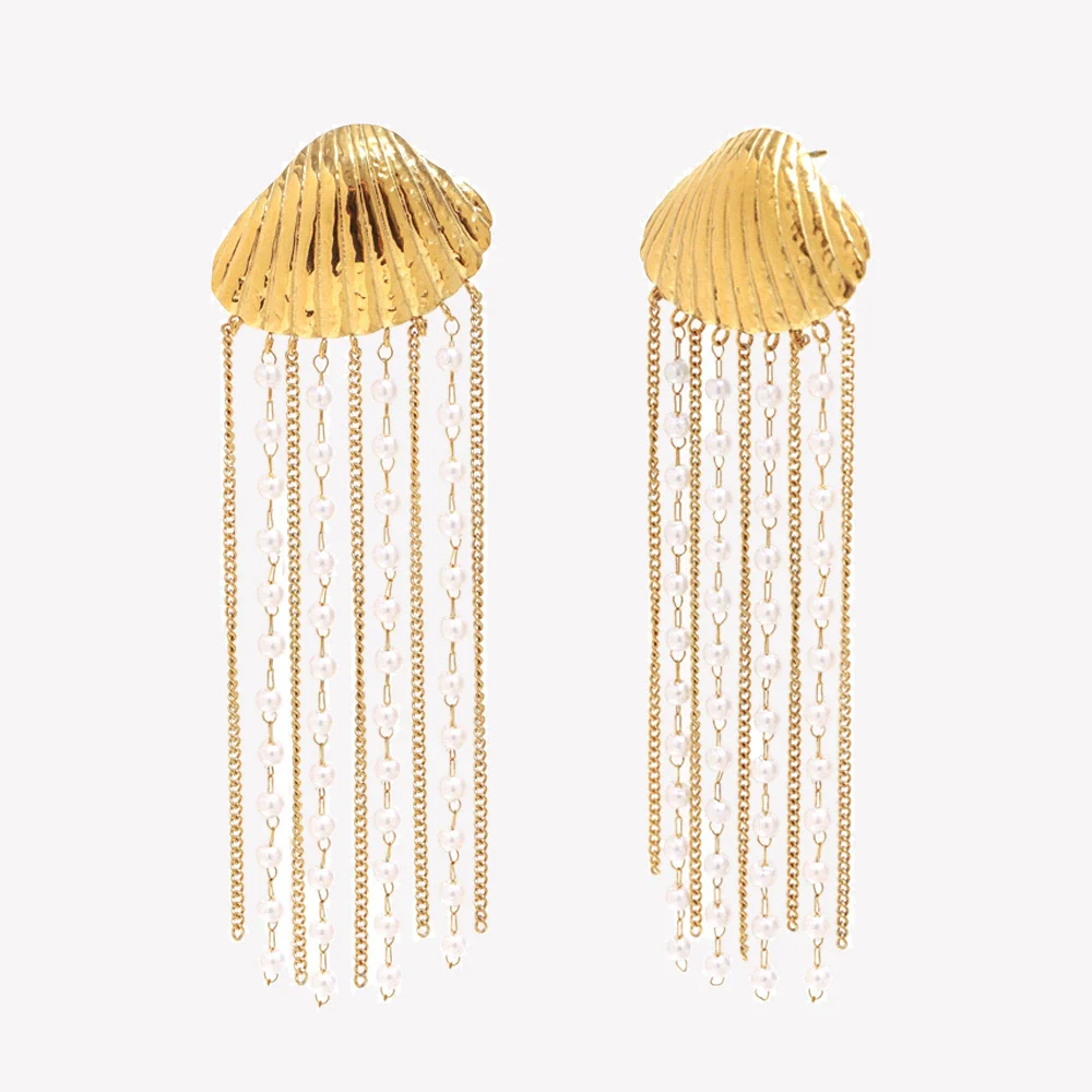 Wholesale Light Luxury Minimalist Geometric Stainless Steel Electroplated 18K Gold Imitation Pearl Chain Tassel Shell Women's Earrings - Image 4