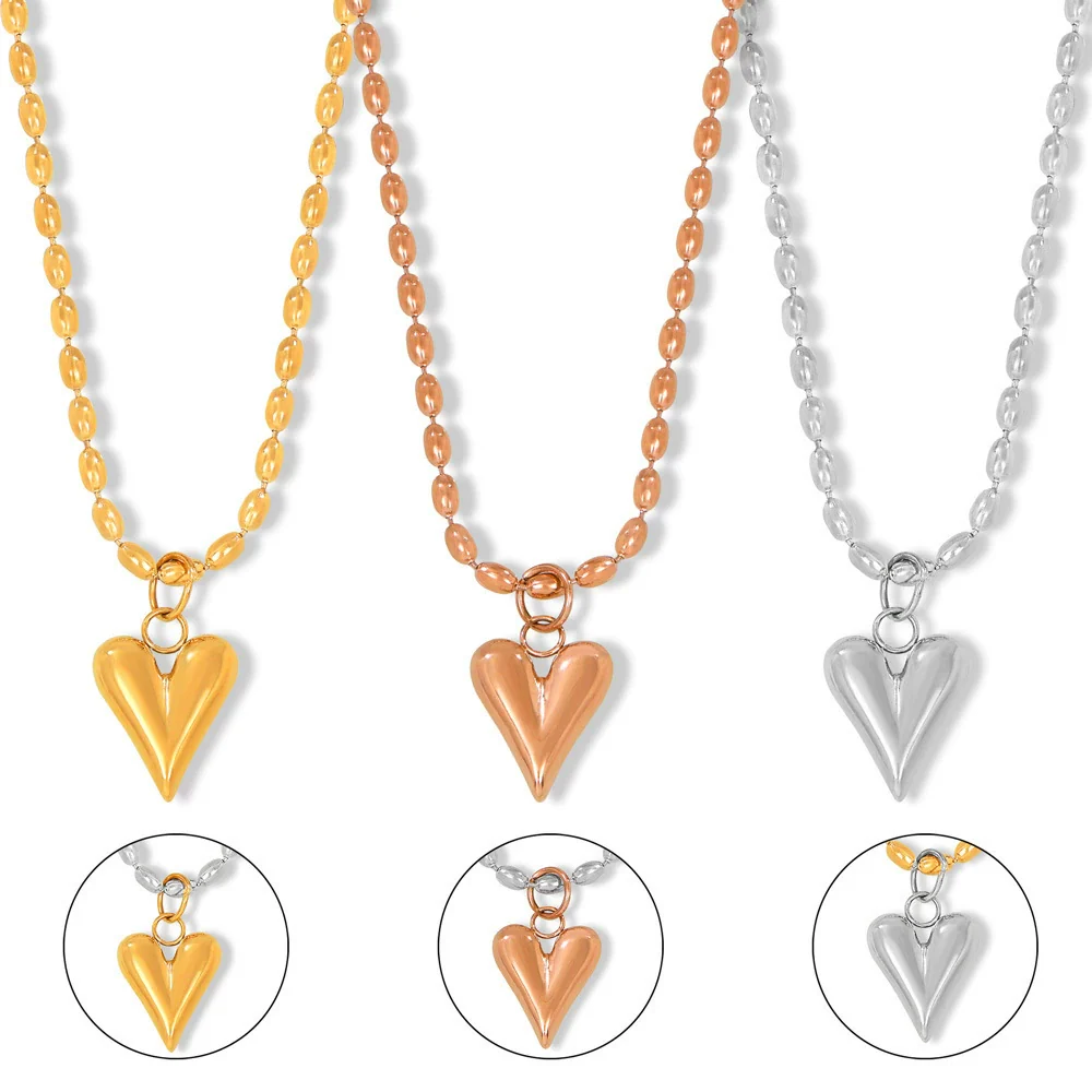 Wholesale Light Luxury Niche Design Heart Shaped Titanium Steel Rice Bead Necklace Electroplated 18K Gold For Women - Image 5