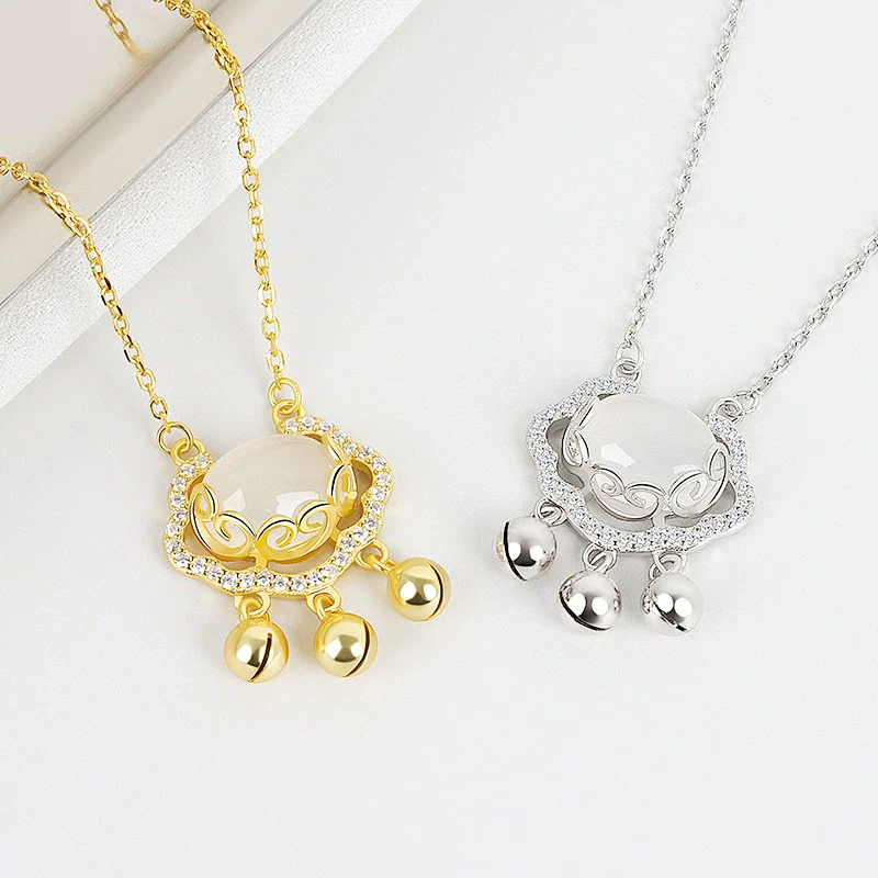 Wholesale Light Luxury Niche White Chalcedony Ping An Lock 925 Sterling Silver Necklace For Women Electroplated