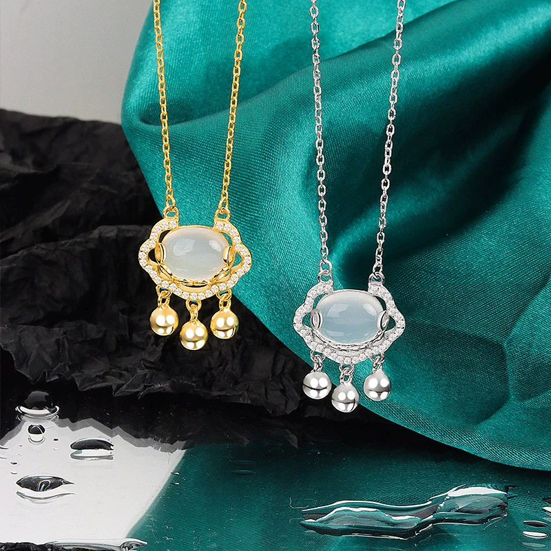 Wholesale Light Luxury Niche White Chalcedony Ping An Lock 925 Sterling Silver Necklace For Women Electroplated - Image 2