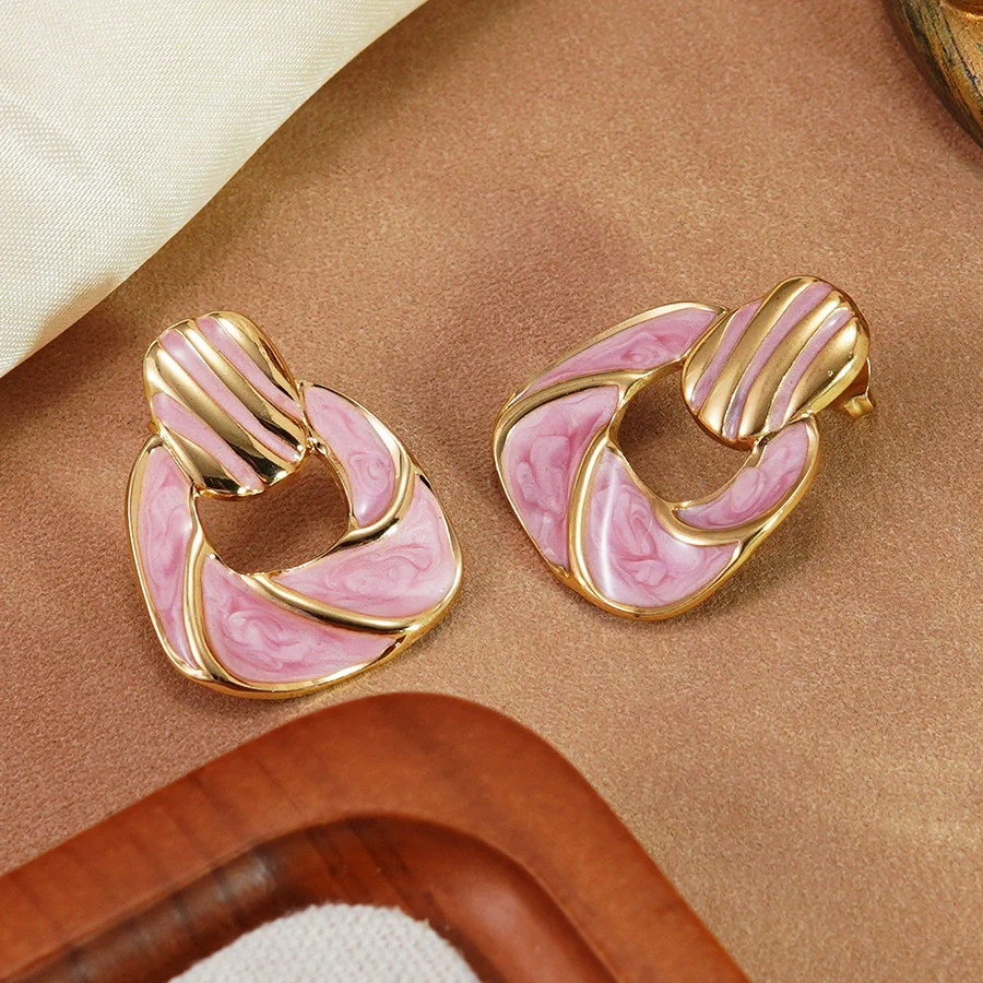 Wholesale Light Luxury Oil Dripping Geometric Stainless Steel Earrings For Women - Image 7