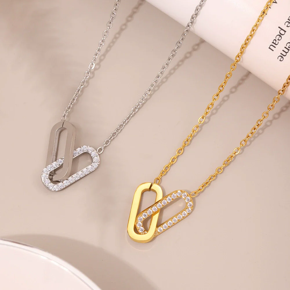 Wholesale Light Luxury Stainless Steel And Zircon Ferris Wheel Square Double Ring Buckle Inlaid Pendant Clavicle Chain And Bracelet Jewelry For Women Electroplated - Image 2