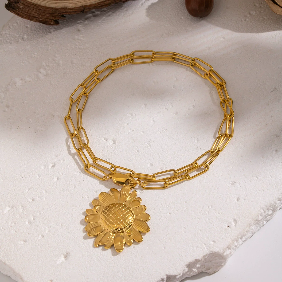 Wholesale Light Luxury Style 18K Real Gold Plated Sunflower Pendant Necklace With Paper Clip Chain For Women - Image 3