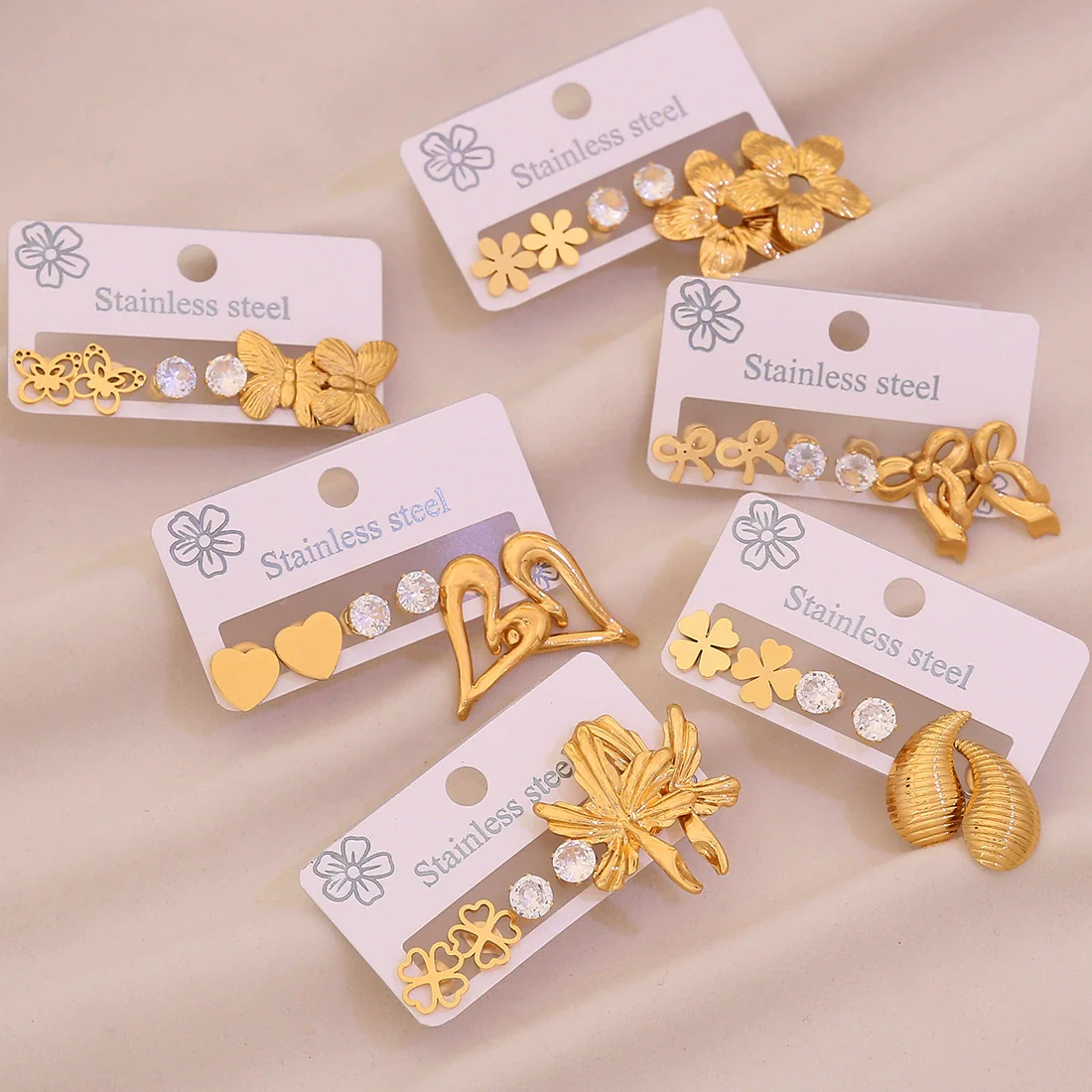 Wholesale Light Luxury Style Electroplated Stainless Steel Heart And Butterfly Flower Earrings For Women