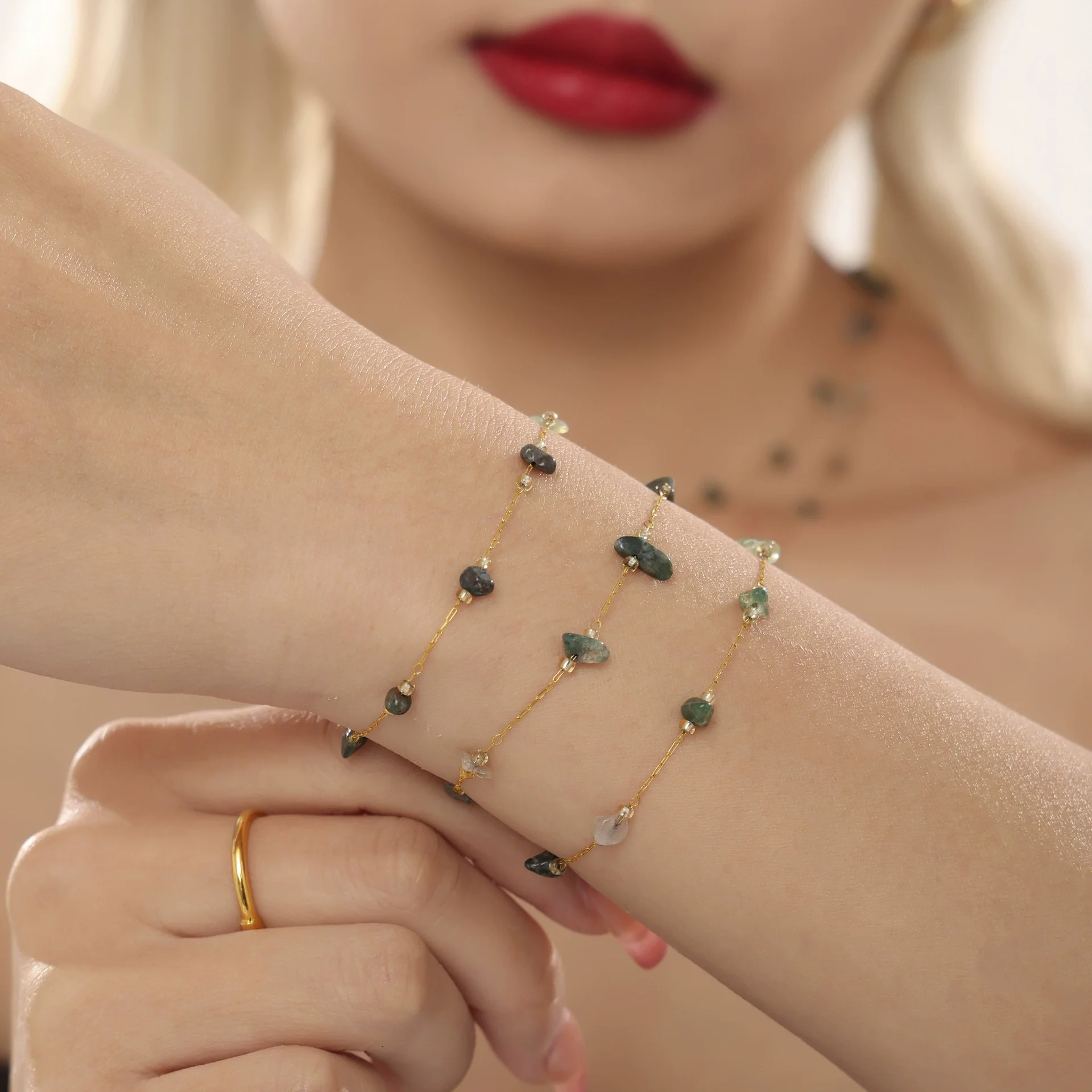 Wholesale Light Luxury Style Ferris Wheel Necklace Bracelet Set Handmade Stainless Steel And Natural Green Crystal Stone Electroplated Jewelry For Women - Image 2