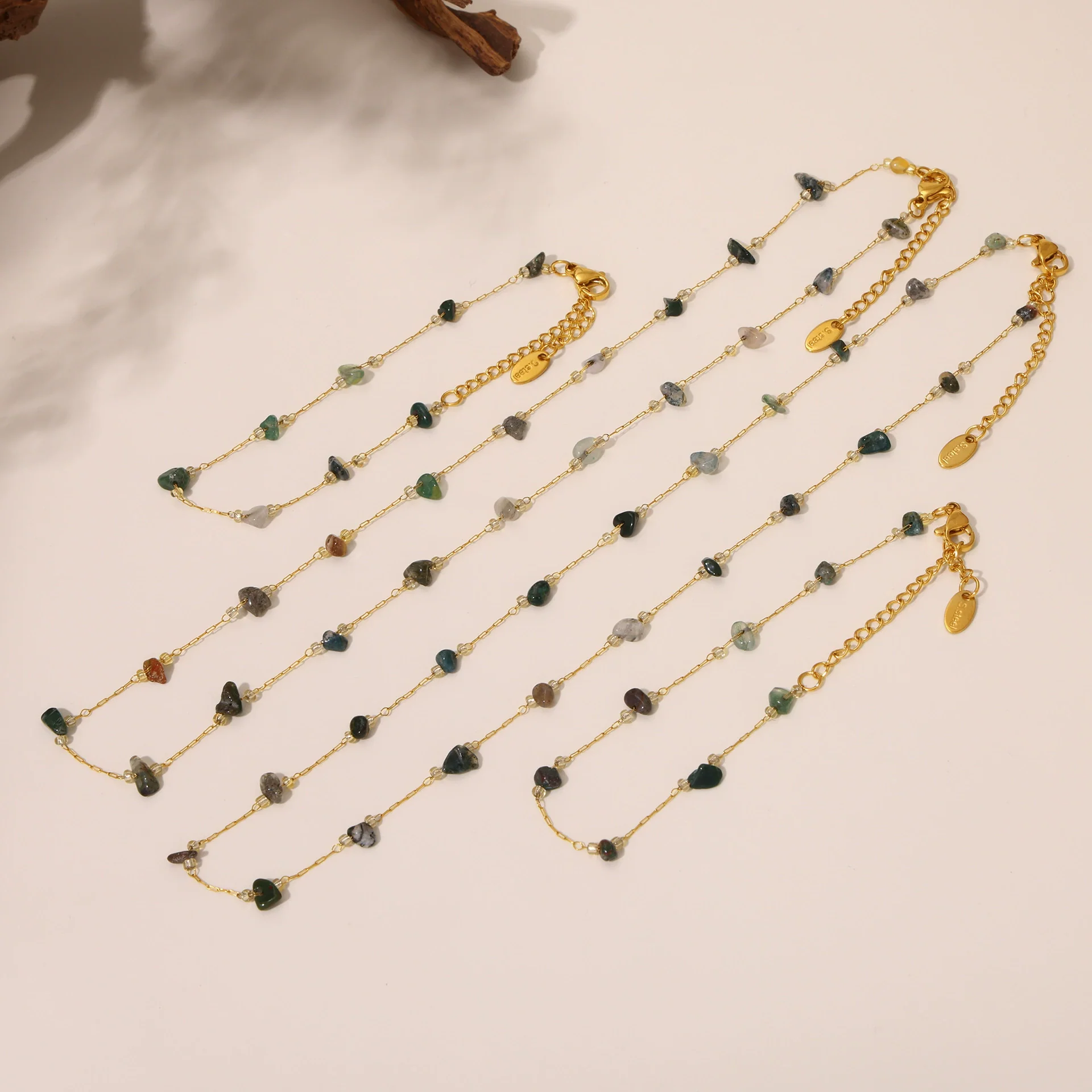 Wholesale Light Luxury Style Ferris Wheel Necklace Bracelet Set Handmade Stainless Steel And Natural Green Crystal Stone Electroplated Jewelry For Women - Image 3