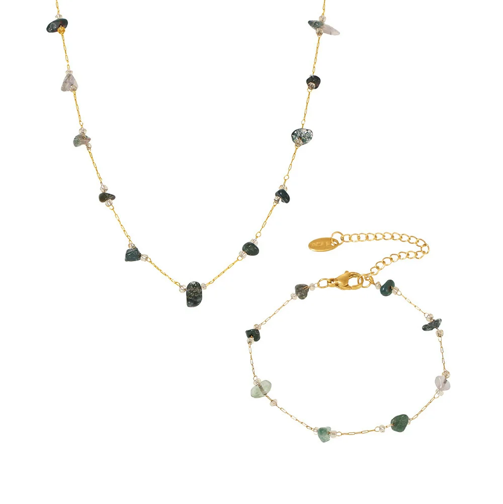Wholesale Light Luxury Style Ferris Wheel Necklace Bracelet Set Handmade Stainless Steel And Natural Green Crystal Stone Electroplated Jewelry For Women - Image 5
