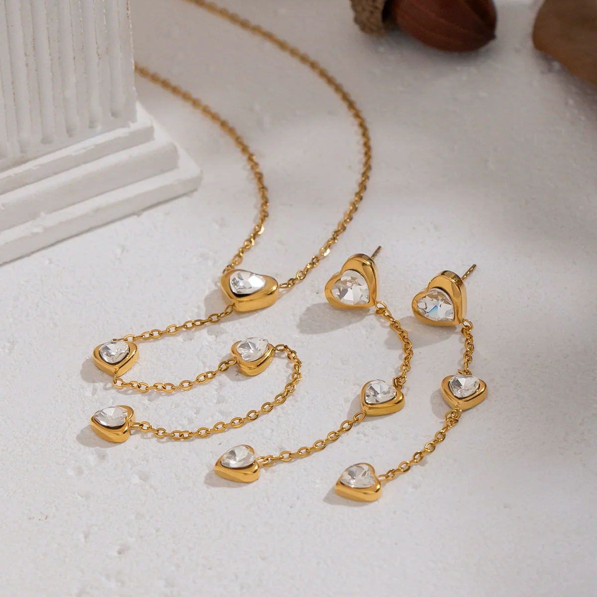 Wholesale Light Luxury Style Heart Water Drop Bell Pattern Zircon Titanium Steel Electroplated Earrings And O Word Chain Necklace Set For Women