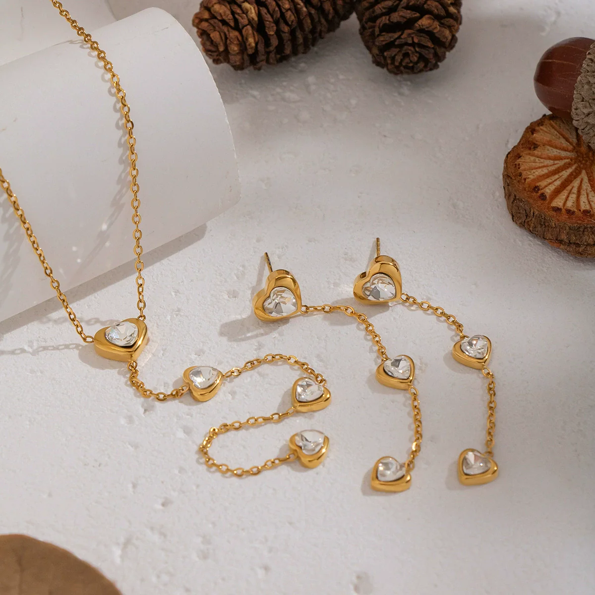 Wholesale Light Luxury Style Heart Water Drop Bell Pattern Zircon Titanium Steel Electroplated Earrings And O Word Chain Necklace Set For Women - Image 2