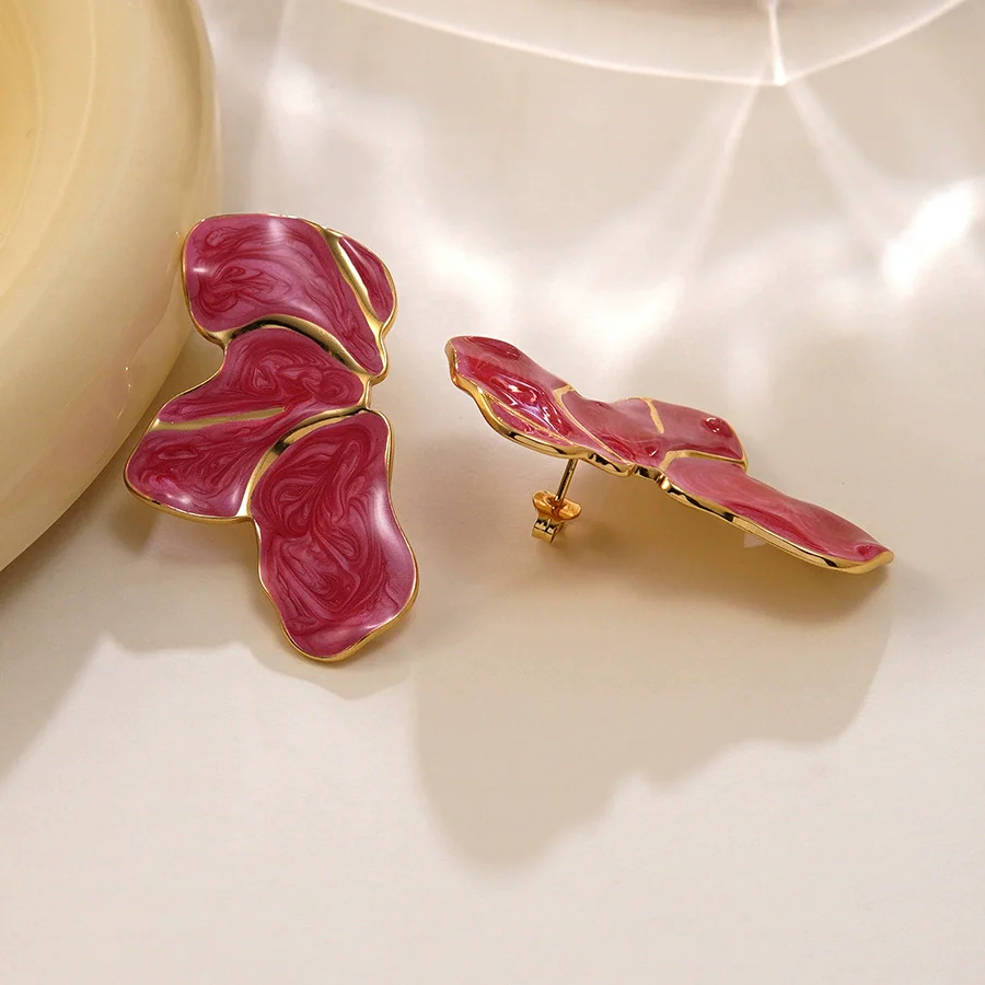 Wholesale Light Luxury Style Stainless Steel Flower Shape Dripping Oil Petal Earrings For Women - Image 7