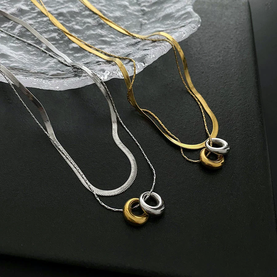 Wholesale Light Luxury Titanium Steel Doublering Snake Bone Chain Geometric Electroplated Unisex Necklace