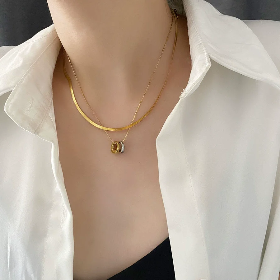 Wholesale Light Luxury Titanium Steel Doublering Snake Bone Chain Geometric Electroplated Unisex Necklace - Image 2