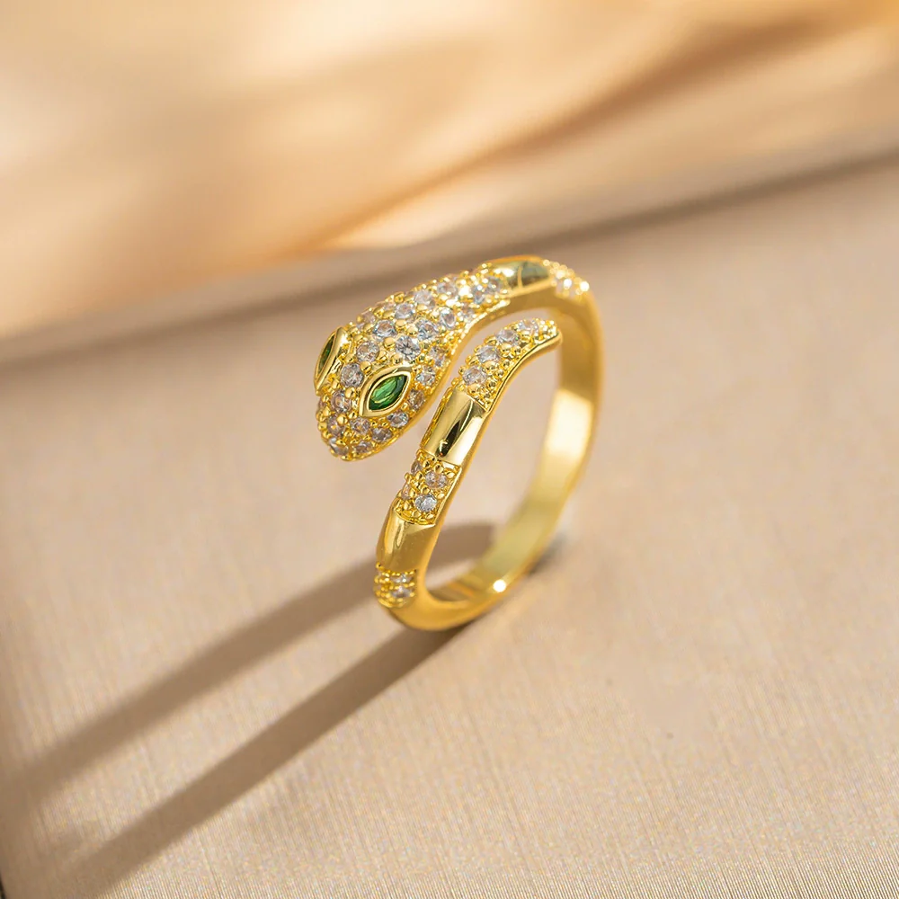 Wholesale Light Luxury Unisex Snake And Zodiac Geometric Gold Plated Copper Open Ring With Microinlaid Zircon - Image 2