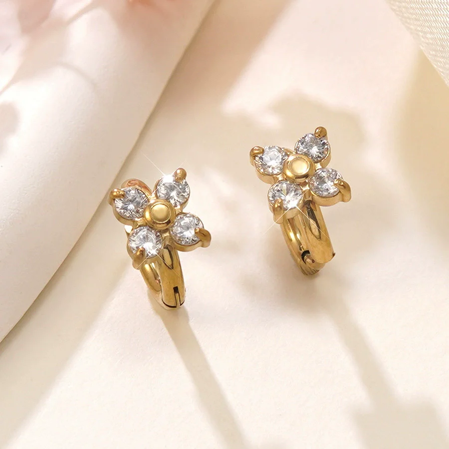 Wholesale Light Luxury Women's 18K Gold Plated Stainless Steel Flower Zircon Earrings - Image 7