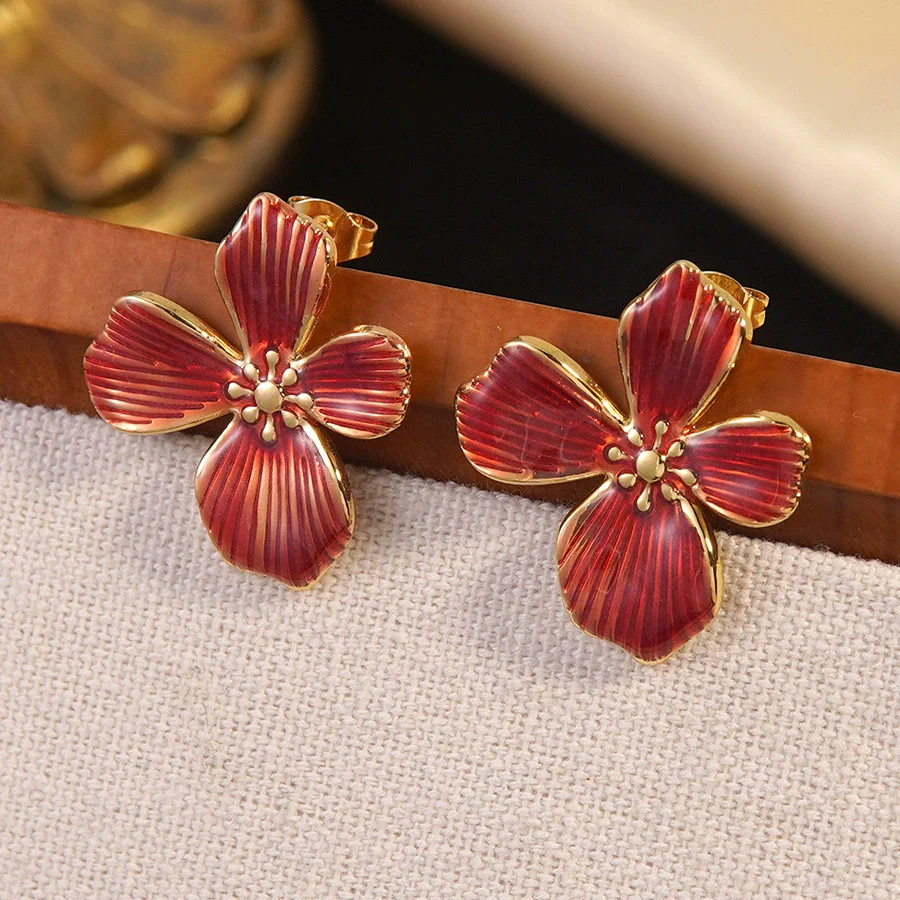 Wholesale Light Luxury Women's Dripping Oil Flower Stainless Steel Earrings - Image 5