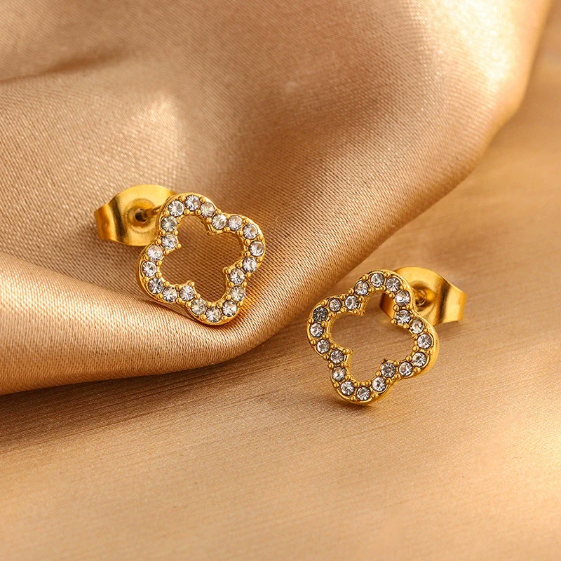 Wholesale Light Luxury Women's Stainless Steel Electroplated Four Leaf Clover Zircon Necklace Bracelet Earrings Set With Plants And Flowers Pattern - Image 2