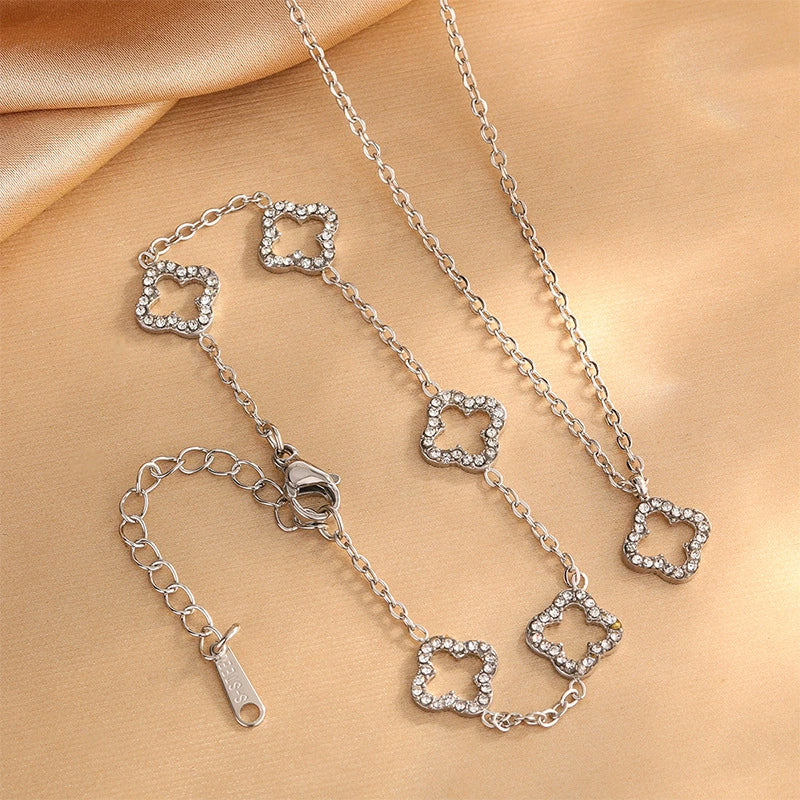 Wholesale Light Luxury Women's Stainless Steel Electroplated Four Leaf Clover Zircon Necklace Bracelet Earrings Set With Plants And Flowers Pattern - Image 4