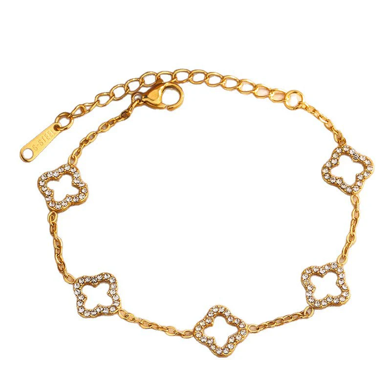 Wholesale Light Luxury Women's Stainless Steel Electroplated Four Leaf Clover Zircon Necklace Bracelet Earrings Set With Plants And Flowers Pattern - Image 5