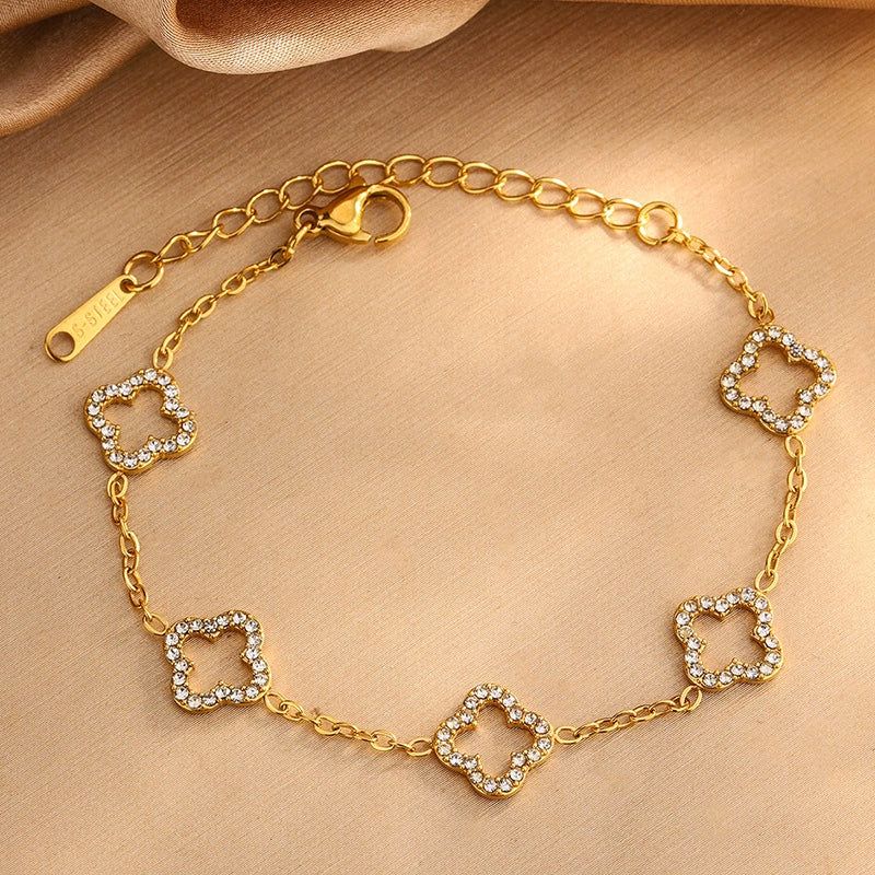 Wholesale Light Luxury Women's Stainless Steel Electroplated Four Leaf Clover Zircon Necklace Bracelet Earrings Set With Plants And Flowers Pattern - Image 6