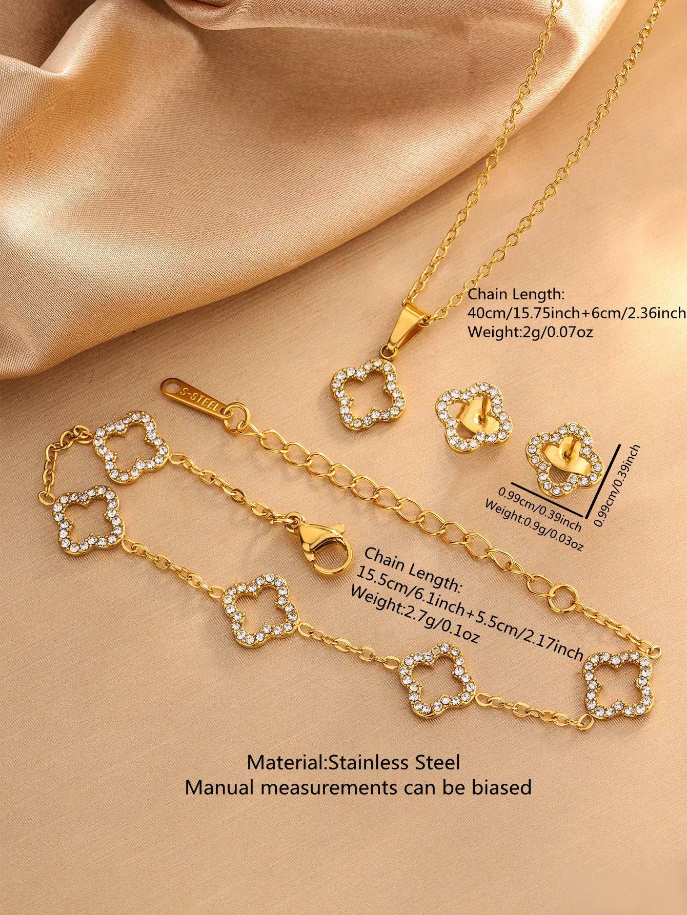 Wholesale Light Luxury Women's Stainless Steel Electroplated Four Leaf Clover Zircon Necklace Bracelet Earrings Set With Plants And Flowers Pattern - Image 9