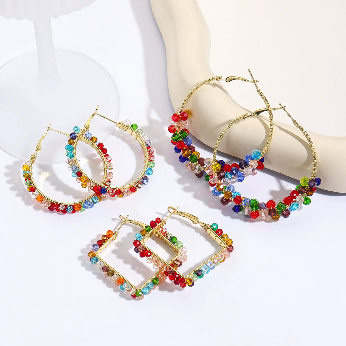 Wholesale Light Luxury Women's Synthetic Crystal Geometric Earrings Handwrapped Braided With Electroplating