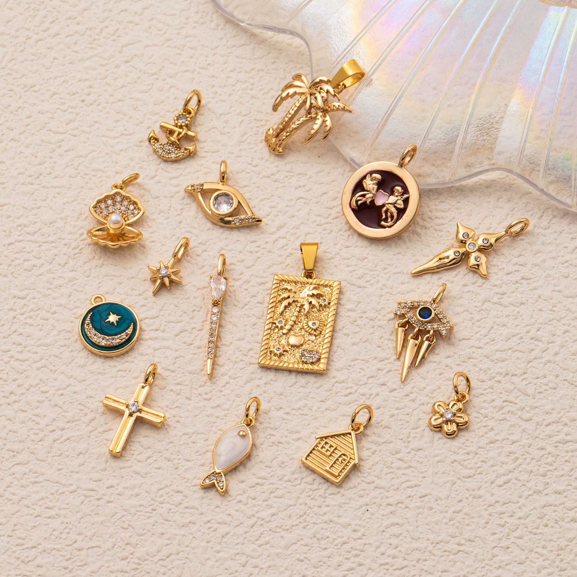 Wholesale Loose Chain Cross Sun Moon Pendant Necklace Copper Stainless Steel Geometric Electroplated