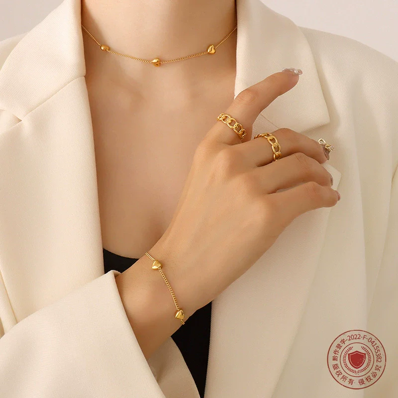 Wholesale Love Water Drops Bell Shaped Titanium Steel Gold Plated Jewelry Set For Women Necklace And Bracelet - Image 3