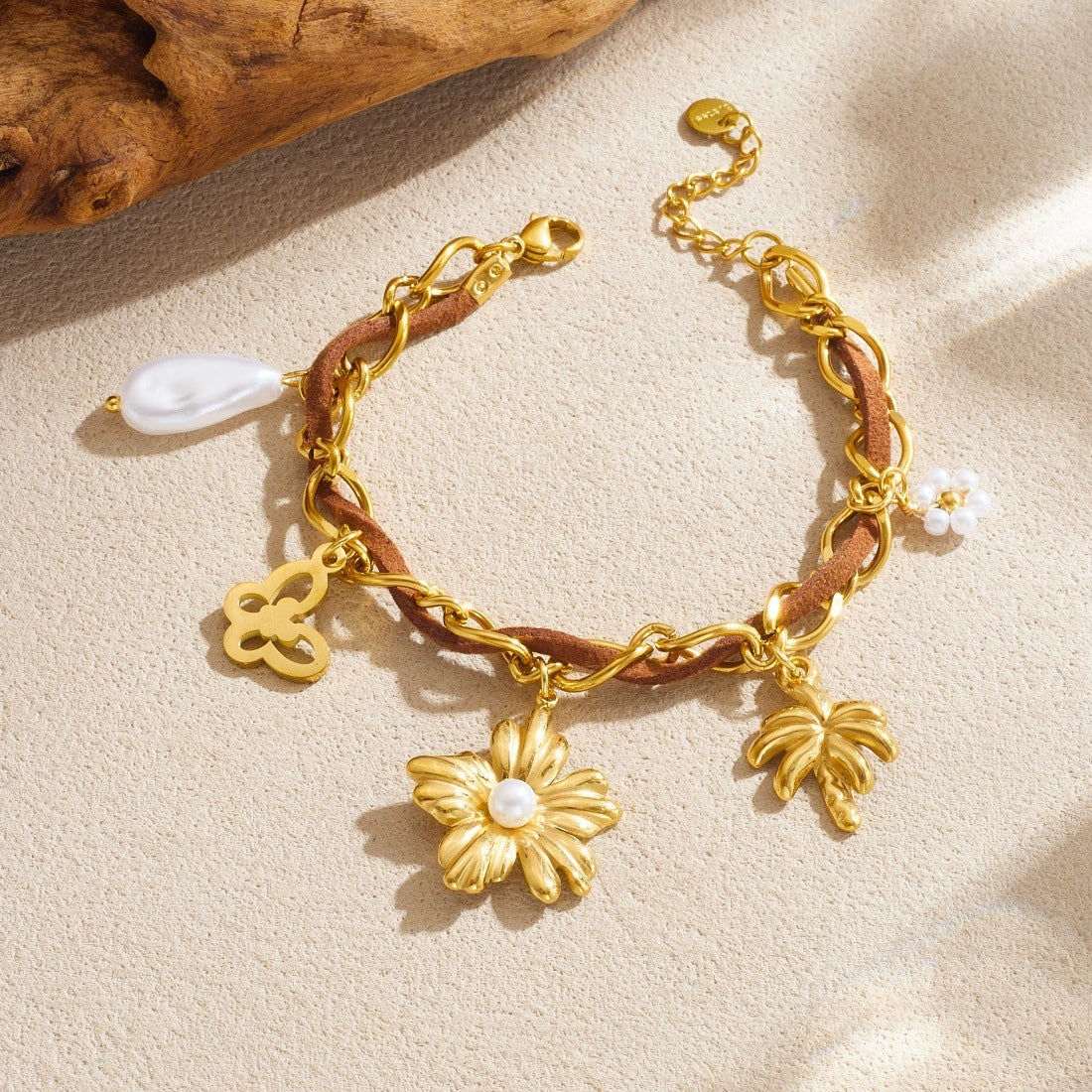 Wholesale Maillard Style Gold Electroplated Hollow Butterfly Flower Coconut Tree Pendant Stainless Steel Bracelet For Women - Image 2