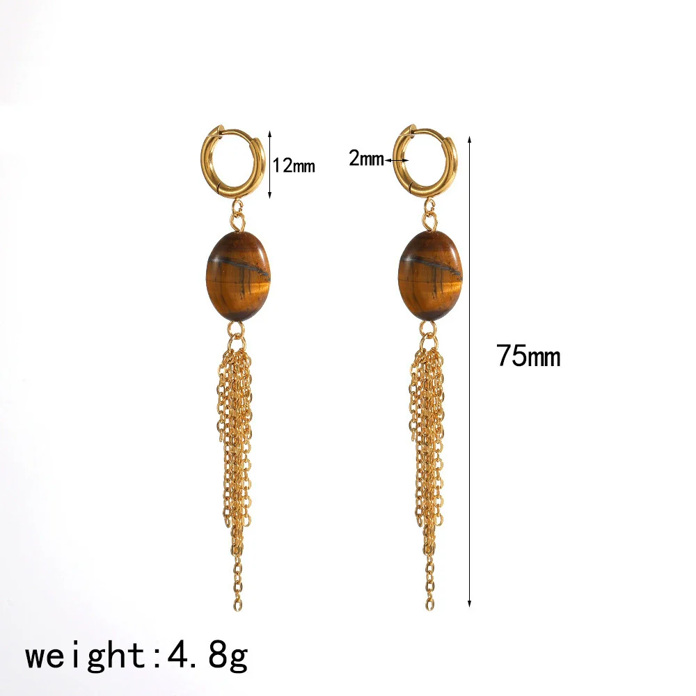 Wholesale Maillard Style Heart Shape Stainless Steel Plastic Resin Tiger Eye Stone Tassel Pvd Furnace Vacuum Real Gold Plated Earrings For Women - Image 11