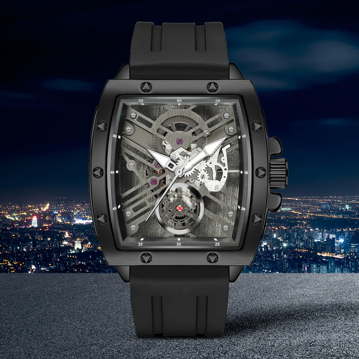 Wholesale Men's Alloy And Silicone Hollow Non Mechanical Sports Luminous Waterproof Barrel Shaped Watch